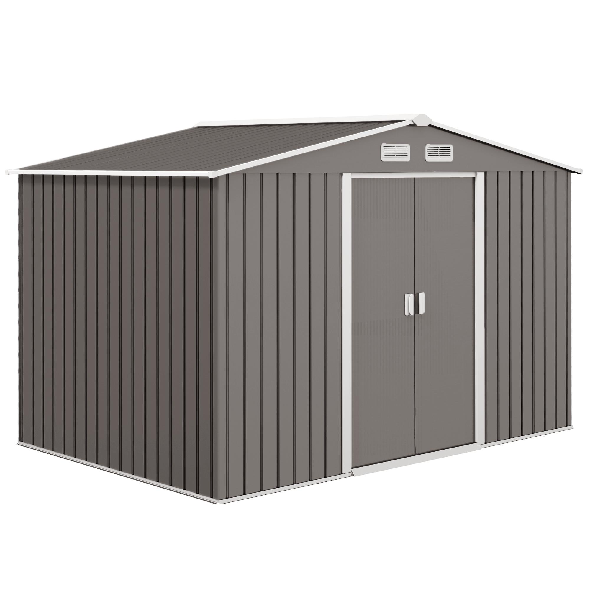 Abrigo de Jardim Exterior 4,83m² 277x195x192cm Abrigo e Jardim Metálico para Armazenamento de Ferramentas com Base Incluída e 4 Janelas Cinza