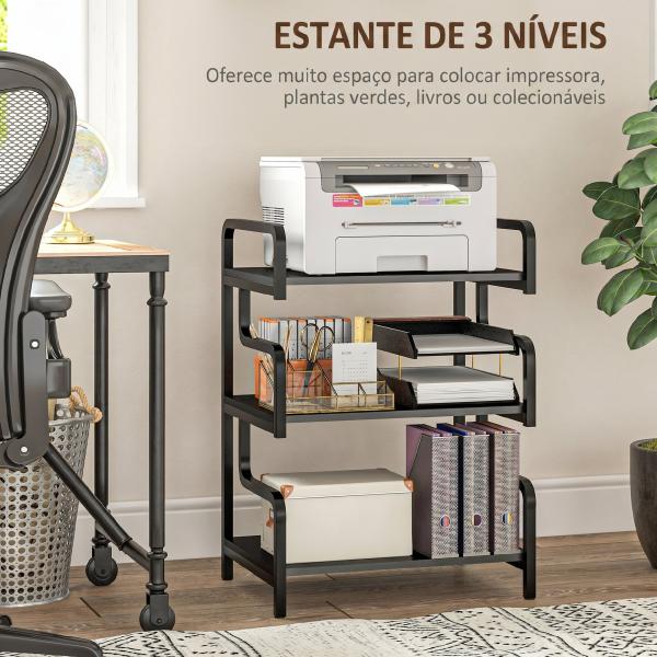 Suporte para Impressora de 3 Níveis com Estrutura em Aço, Estante de Arrumação para Escritório e Casa, 55x40x77 cm, Preto