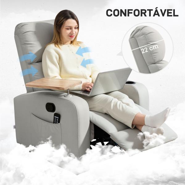 Poltrona de Massagem Poltrona Relax Elétrica com 4 Modos de Vibração Reclinação 145° Mesa 2 Bolsos Laterais 77x93x105 cm Cinza