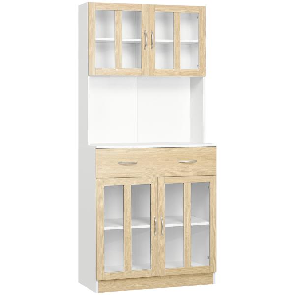 Aparador de Cozinha com 4 Portas de Vidro Bancada Aberta para Micro - Ondas 80x40x180 cm Branco e Madeira