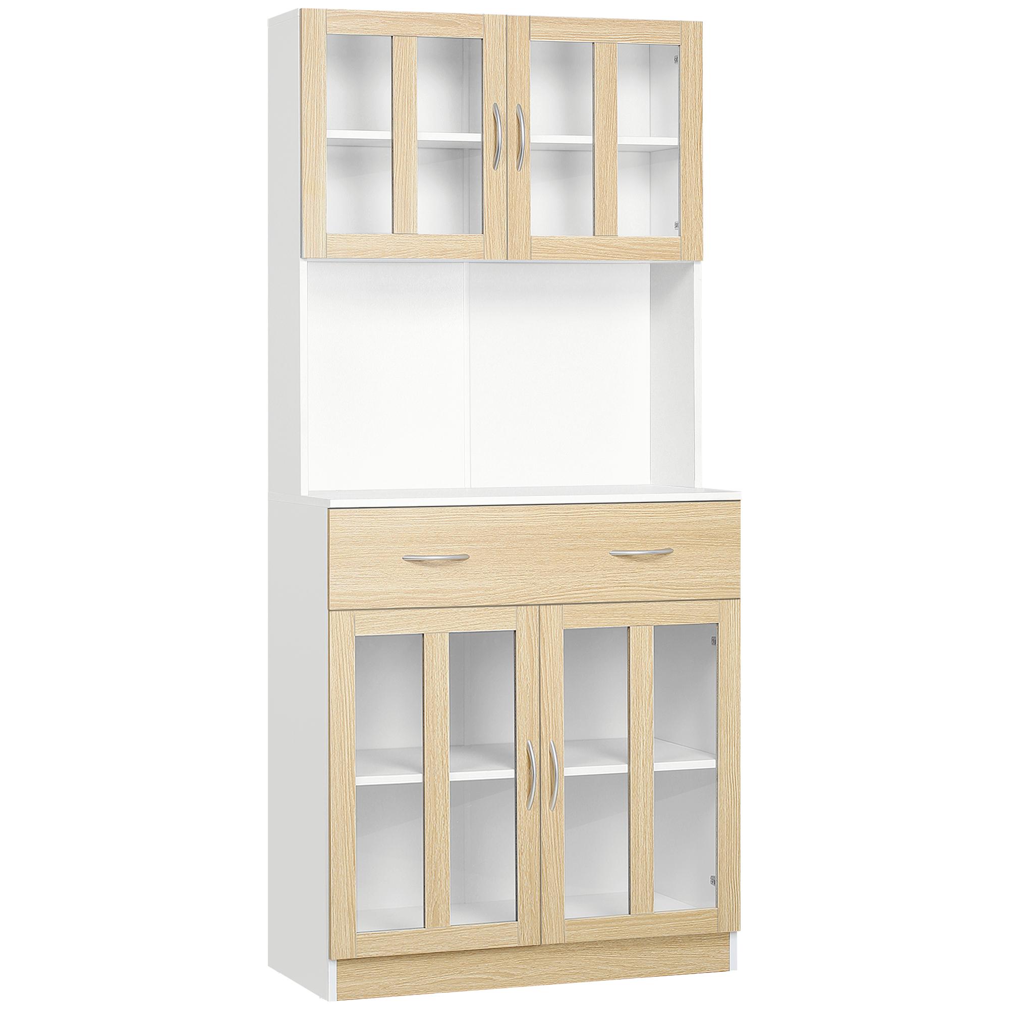 Aparador de Cozinha com 4 Portas de Vidro Bancada Aberta para Micro - Ondas 80x40x180 cm Branco e Madeira