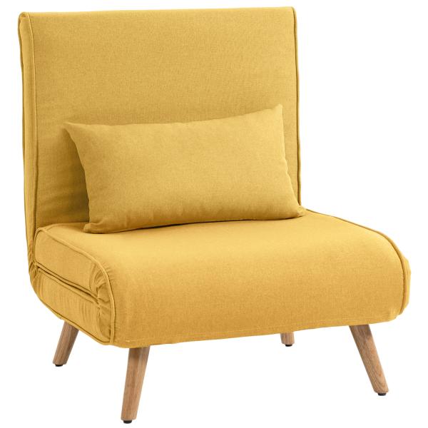 Sofá - Cama Individual Dobrável com Encosto Ajustável em 5 Posições, Sofá - Cama Estofado com Almofada 72x75x85 cm Amarelo
