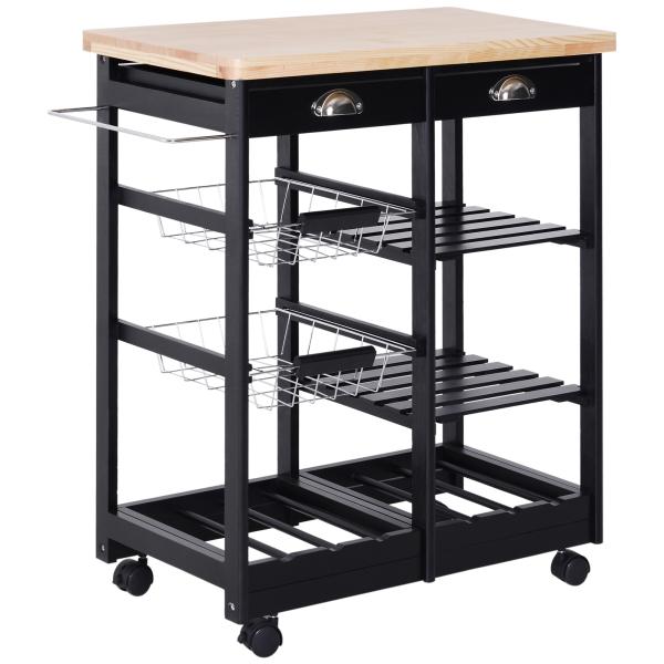 Carrinho de Cozinha com Rodinhas com Prateleira e Gaveta 74x37x76cm Preto