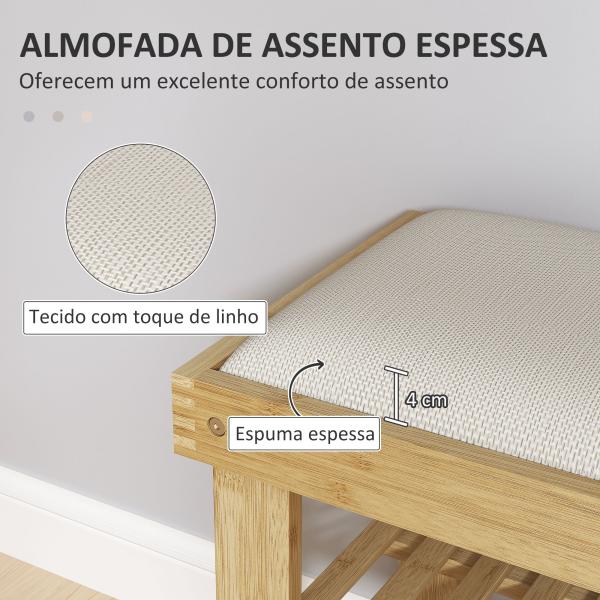 Banco Sapateira de Bambu Sapateira com Assento Almofadado 2 Prateleiras para 6 Pares de Sapatos 60x29x49 cm Madeira e Creme
