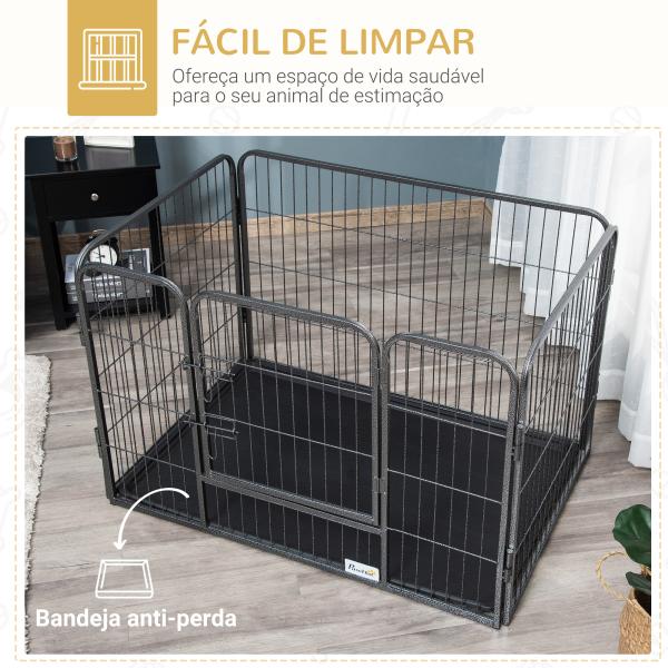 Barreira de Segurança para Animais de Estimação Parque de Diversão para Animais com 4 Painéis de Aço 109x74x71cm com Porta de Trava Dupla e Bandeja Removível para Exterior Interior Cinza
