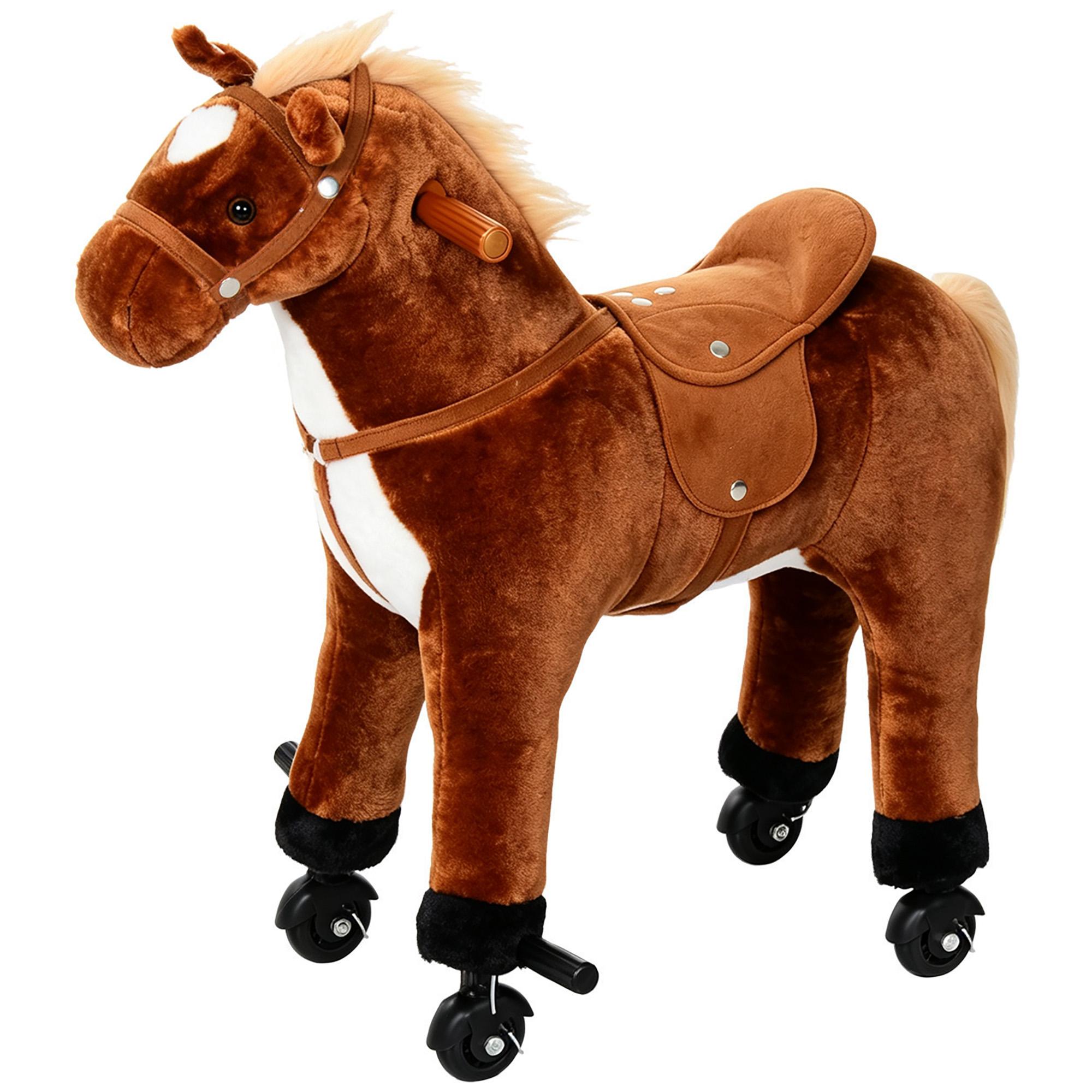 Cavalo de Brinquedo para Crianças de +3 Anos com Rodas Sons e Estrutura de Metal Carga 60kg 65x28x75 cm Castanho