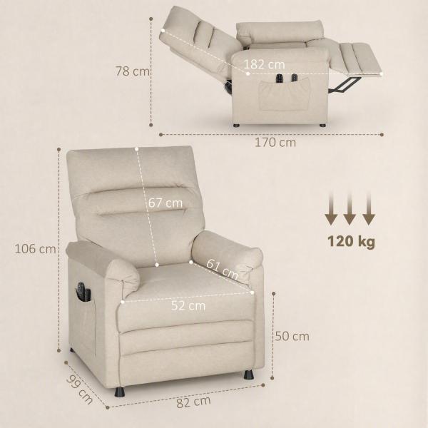 Poltrona Relax com Aquecimento Lombar e Massagem por Vibração Reclinável USB e Função de Memória 82x99x106 cm Bege