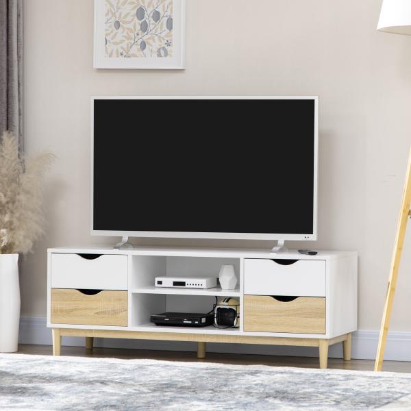 Móvel de TV para Televisores de até 55" com Prateleiras de Armazenamento e 4 Gavetas 120x40x44,5cm Branco e Carvalho