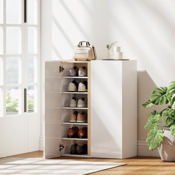 Sapateira de 6 Níveis com 2 Portas em Branco Brilhante com Fechamento Suave e Prateleiras Ajustáveis 70x33,5x95 cm Branco