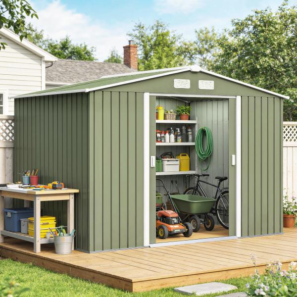 Abrigo de Jardim 4,83m² 277x195x192cm Abrigo Metálico para Armazenamento de Ferramentas com Base de Reforço Incluída Verde Claro