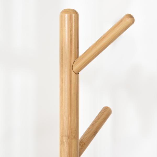 Cabide de Pé de Bambu 2 em 1 com 2 Prateleiras 5 Ganchos e Estrutura de Alumínio 39x5x39,5x71cm Madeira e Branco