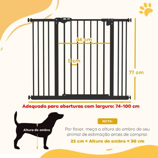 Barreira de Segurança para Cães 74 - 100 cm com Extensões, Montagem por Pressão e Duplo Bloqueio, Preto