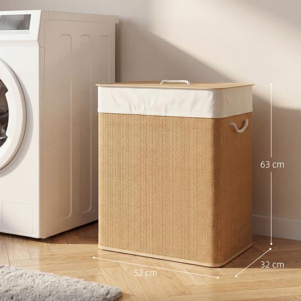 Cesto de Roupa com Tampa 100L de Bambu com 2 Compartimentos Bolsa Interior Amóvivel 52x32x63 cm Marrom e Creme