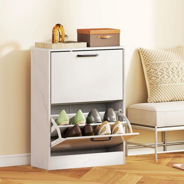 Sapateira Estreita 2 Portas de Alto Brilho com Prateleiras Ajustáveis Design Mármore para 8 Pares de Sapatos 60x24x80 cm Branco