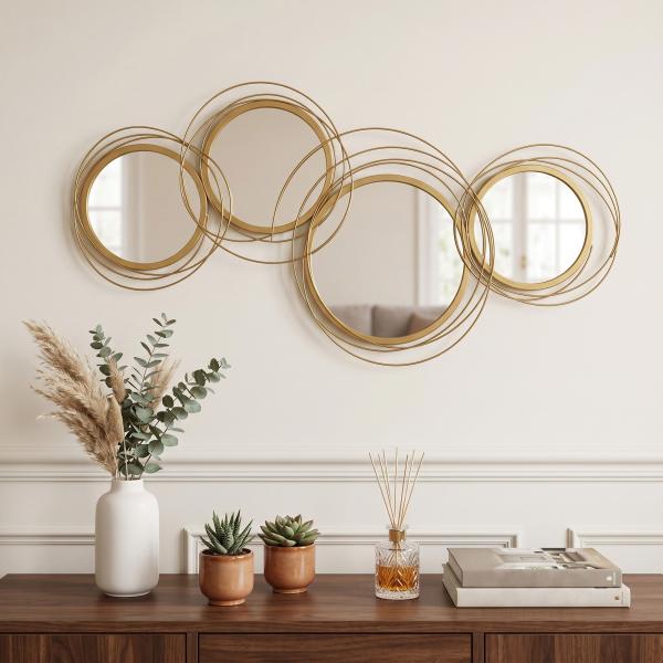 Decoração de Parede 3D de Espelhos Redondos 107x56cm Arte de Parede Decoração de Parede Metálica Dourado