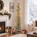 Árvore de Natal 210 cm Árvore de Natal Artificial Nevada com 180 Luzes LED 405 Ramos Verde e Branco