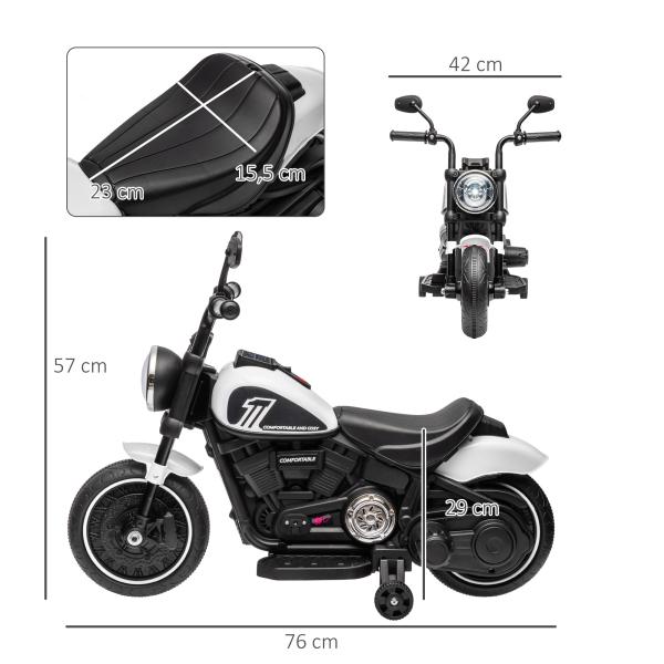 Motocicleta Elétrica para Crianças de 18 - 36 Meses com Bateria 6V Farol e Rodas Auxiliares Removíveis 76x42x57 cm Branca