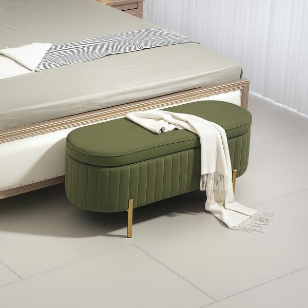 Banco de Cama com Arrumação em Veludo, Pés Dourados e Design Oval Elegante, 108x44x43,5 cm, Verde Escuro