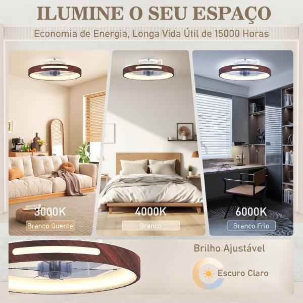 Ventilador de Teto com Luz LED 40 W Motor DC Reversível Comando à Distância 6 Velocidades 3 Cores Temporizador Teca
