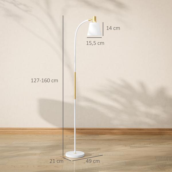 Candeeiro de Pé LED com Altura Ajustável Ecrã Interruptor para Sala de Estar Escritório Quarto 49x21x127 - 160 cm Branco e Dourado