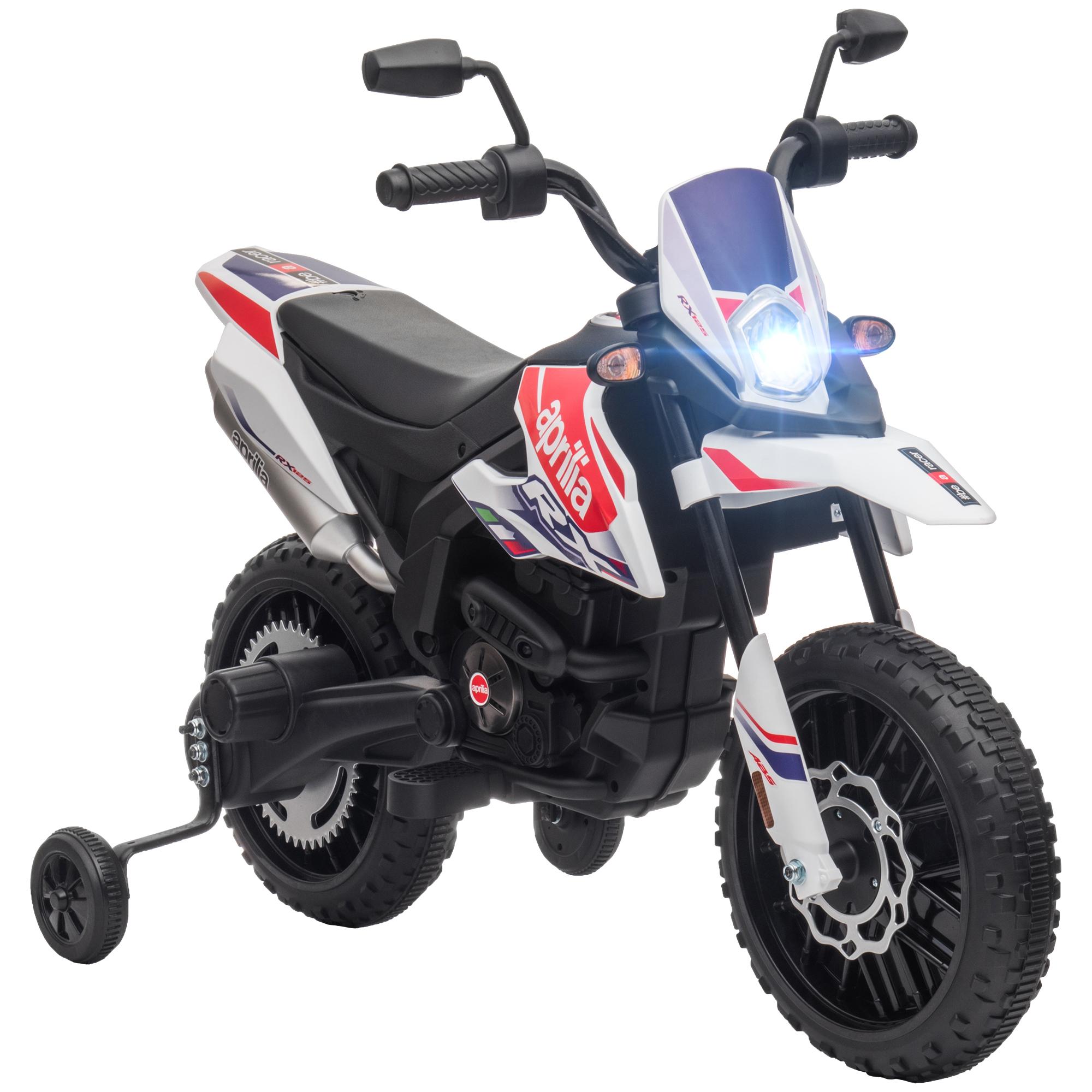 Mota Elétrica Infantil Aprilia 12V Rodas de Apoio Farol Música Porta USB Amortecedor Branco