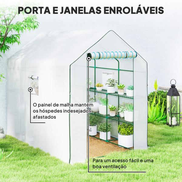 Estufa de Jardim de 3 Níveis com 12 Prateleiras Porta Enrolável Janelas Anti - UV Cobertura de PE 140x213x190 cm Branco