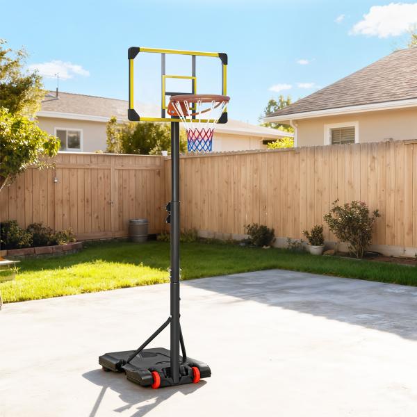 Tabela de Basquetebol com Altura Ajustável 178 - 208 cm Rodas Base Recarregável para Exterior 75x56x210 - 240 cm Amarelo e Preto