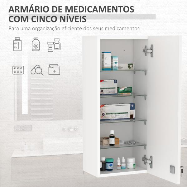 Armário de Medicamentos de Parede 5 Níveis com Prateleiras de Vidro Ajustáveis Fechadura Chaves 30x20x70 cm Branco