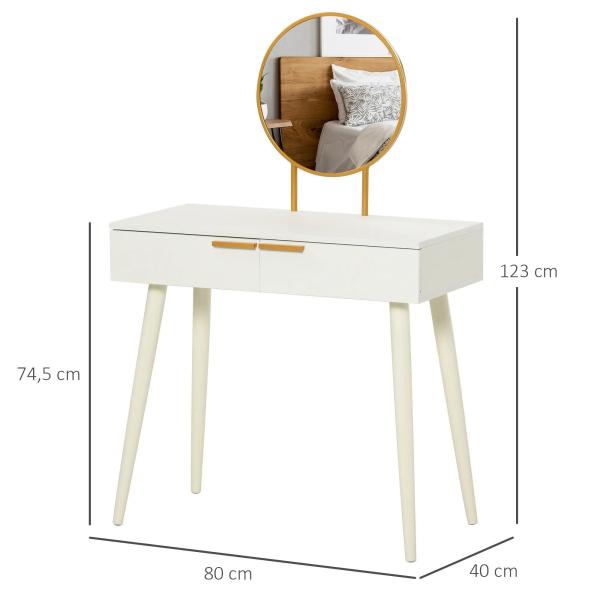 Toucador com Espelho Redondo Mesa de Maquilhagem com 2 Gavetas Estilo Moderno para Dormitório 80x40x123cm Branco