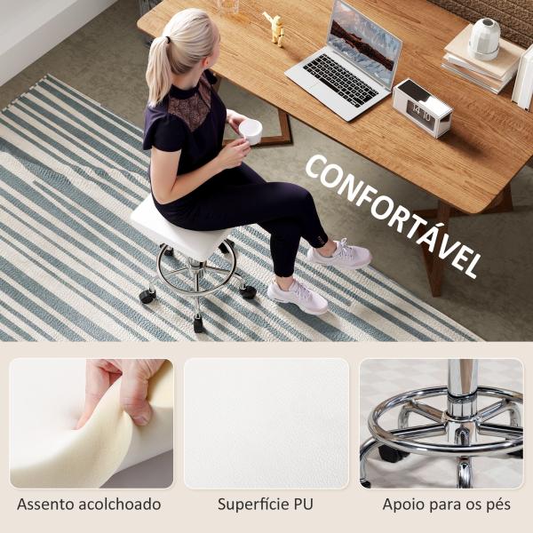 Banco Giratório com Rodas Altura Regulável 50 - 66 cm Assento Estofado em Imitação de Couro 34x34x50 - 66 cm Branco