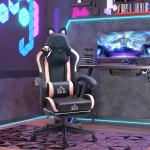 Cadeira Gaming com Orelhas Cadeira Gamer Reclinável com Altura Ajustável e Suporte Lombar 65x62x116 - 124 cm Preto e Rosa