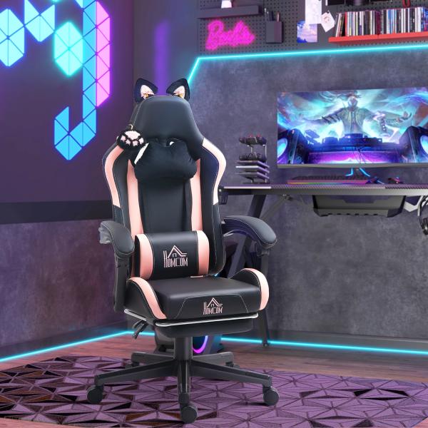 Cadeira Gaming com Orelhas Cadeira Gamer Reclinável com Altura Ajustável e Suporte Lombar 65x62x116 - 124 cm Preto e Rosa