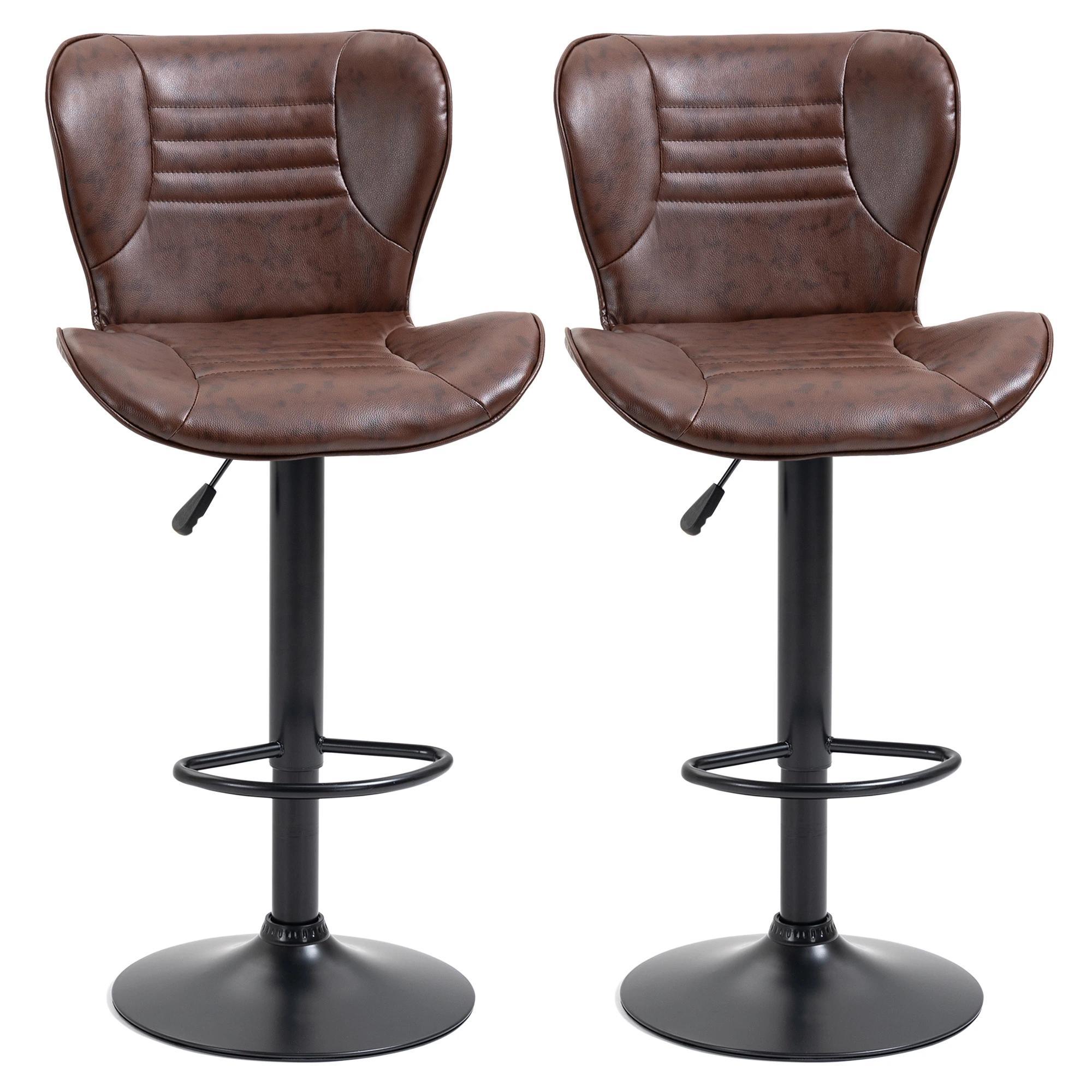 Conjunto de 2 Bancos de Bar Estofados em Couro Sintético Bancos Altos com Altura Ajustável Giratório com Encosto e Apoio para os Pés 46,5x54x88 - 108cm Marrom