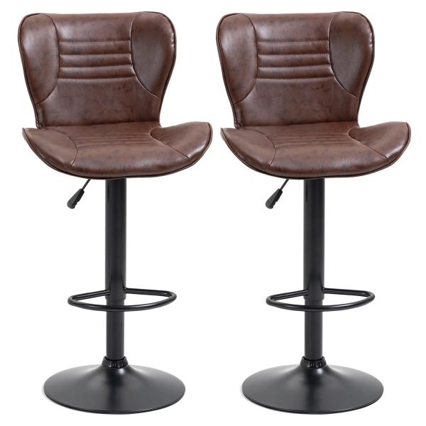 Conjunto de 2 Bancos de Bar Estofados em Couro Sintético Bancos Altos com Altura Ajustável Giratório com Encosto e Apoio para os Pés 46,5x54x88 - 108cm Marrom
