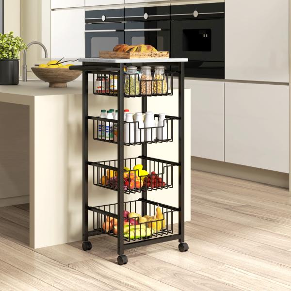 Fruteira para Cozinha Carrinho de Cozinha com 4 Cestas e Estrutura de Aço 49,5x31x91 cm Cinza Claro
