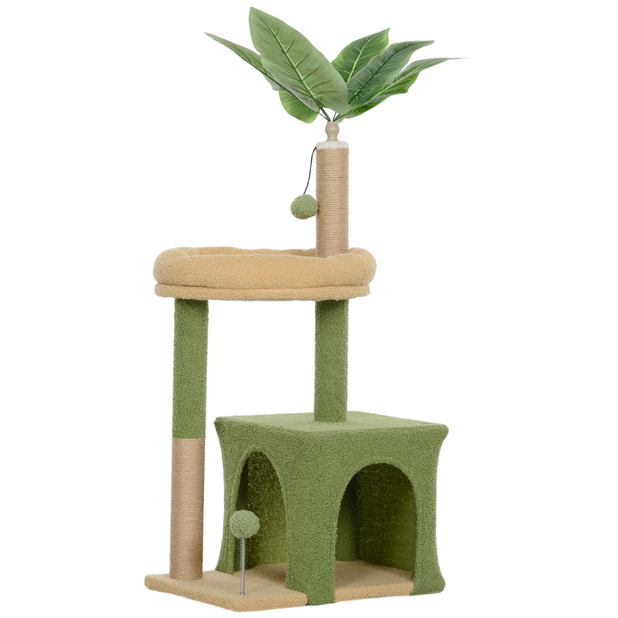 Árvore Arranhadora para Gatos 98 cm com Folhas Artificiais, Toca, Cama, Postes em Juta e 2 Bolas, Verde