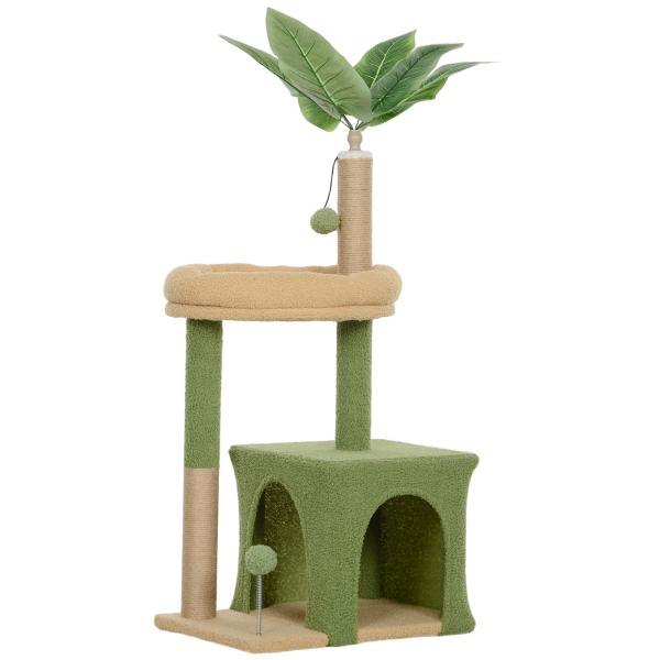 Árvore Arranhadora para Gatos 98 cm com Folhas Artificiais, Toca, Cama, Postes em Juta e 2 Bolas, Verde