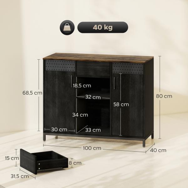 Aparador de 2 Portas com Orifícios 2 Compartimentos e Gaveta Prateleiras Ajustáveis 100x40x80 cm Preto e Castanho Rústico