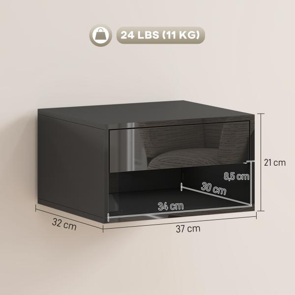Conjunto de 2 Mesas de Cabeceira Suspensas com Gaveta Prateleira Aberta para Quarto 37x32x21 cm Preto Brilhante