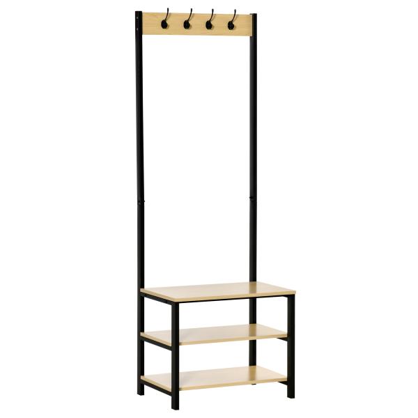Móvel Cabide de Entrada de Metal com 3 Prateleiras e 4 Ganchos 60x40x175 cm Preto e Madeira