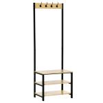 Móvel Cabide de Entrada de Metal com 3 Prateleiras e 4 Ganchos 60x40x175 cm Preto e Madeira