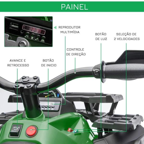 Quadriciclo Elétrico 12V para Crianças de 3 - 5 Anos com Farol Música Pneus de Suspensão Botões Avance e Retrocesso Veículo Elétrico a Bateria 100x65x73cm Verde