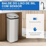 Balde de Lixo Inteligente 50L com Sensor Infravermelho Botão Tátil Balde de Lixo com Abertura Automática 33x25x84 cm Prata