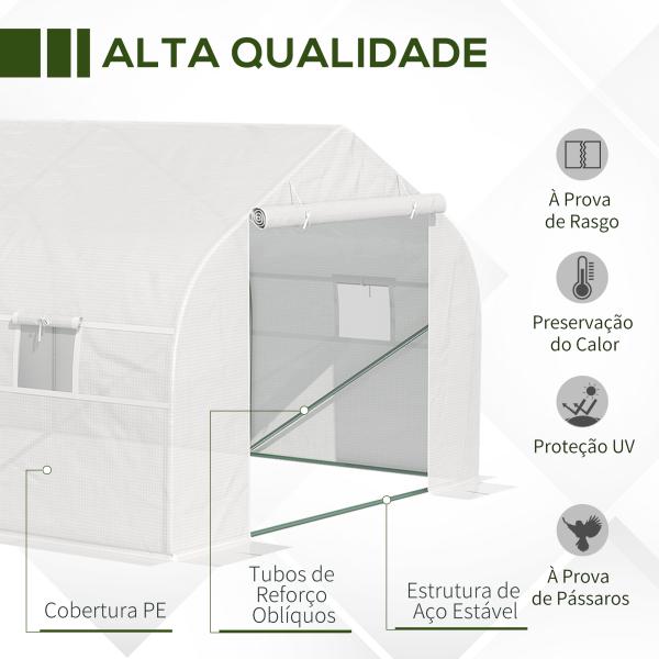 Estufa Tipo Túnel de Jardim 600x300x200cm para Cultivo de Plantas Verduras com 8 Janelas e Porta Enroláveis com Zíper Aço Branco