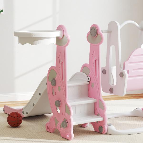 Escorrega Infantil 4 em 1 Parque Infantil com Baloiço e Escorrega Escalador Cesto de Basquetebol 147,5x160x107 cm Rosa