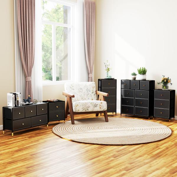 Cómoda para Dormitório Cómoda de Tecido com 4 Gavetas Dobráveis com Frentes de Couro PU 46x30x98 cm Preto