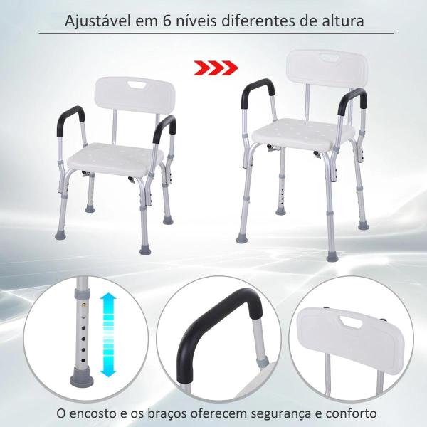 Cadeira para Duche Antiderrapante com Altura Ajustável em 6 Níveis Apoio para os Braços e Encosto 51,5x51,5x71 - 84 cm Branco
