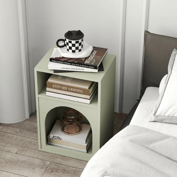 Mesa de Cabeceira Estreita com 2 Compartimentos Abertos e Design em Arco 40x30x60 cm Verde - Claro