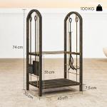 Porta - Lenha Metálico de 2 Níveis com 4 Ferramentas para Lareira e Ganchos 43x30x74 cm Castanho Escuro