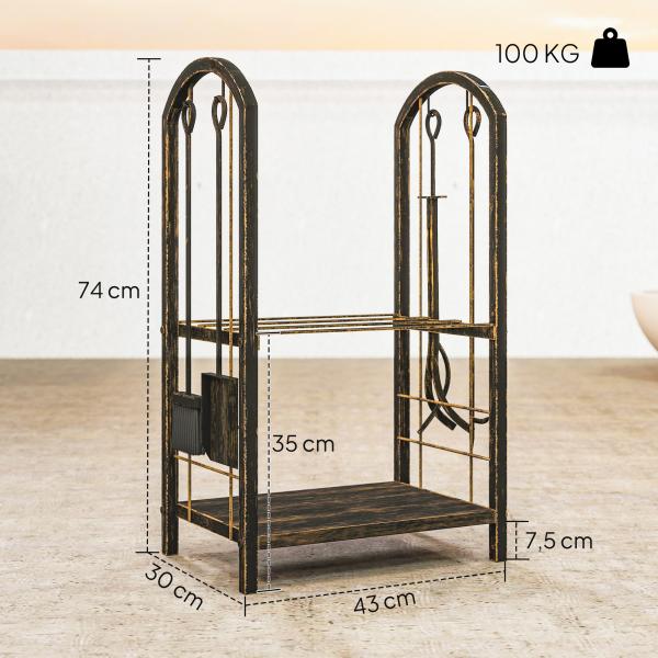 Porta - Lenha Metálico de 2 Níveis com 4 Ferramentas para Lareira e Ganchos 43x30x74 cm Castanho Escuro